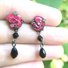 Load image into Gallery viewer, Pink Rose with Black Beads Earrings