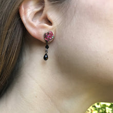 Load image into Gallery viewer, Pink Rose with Black Beads Earrings
